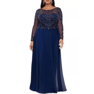 Xscape Women's Plus Size Navy Blue‎ Long Sleeve Beaded Chiffon Gown Size 18